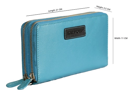 LONG WALLET; TRAVEL WALLET;DOUBLE ZIPPER WALLET; UNISEX LEATHER WALLET;BRAND -KAR MOTIF,ARTICLE NUMBER - KM 001;COLOUR - SEA BLUE