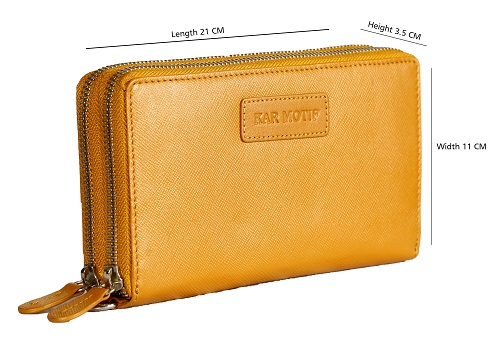 LONG WALLET ; TRAVEL WALLET ; DOUBLE ZIPPER WALLET ; UNISEX LEATHER WALLET ;BRAND - KAR MOTIF ,ARTICLE NUMBER - KM 001 ,COLOUR - YELLOW,SUFFIANO IMPRESSION