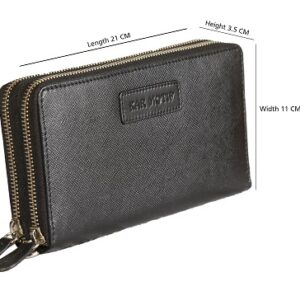 LONG WALLET ; TRAVEL WALLET; DOUBLE ZIPPER WALLET; UNISEX LEATHER WALLET; BRAND - KAR MOTIF, ARTICLE NUMBER - KM 001 COLOUR- BLACK SUFFIANO IMPRESSION