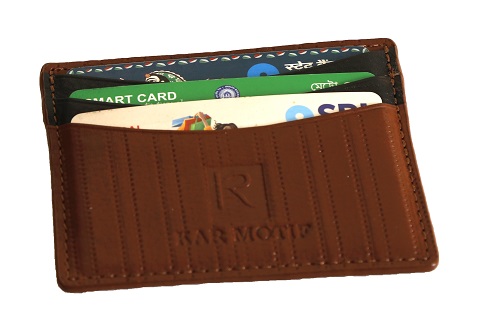GENUINE LEATHER CARD HOLDER , GENUINE LEATHER CARD CASE, RFID CARD HOLDER , BRAND - KAR MOTIF ; ARTICLE NUMBER - KM 009 ; COLOUR - BROWN STRIPE