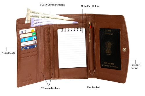 PASSPORT POUCH; PASSPORT BAG; TRAVEL ORGANIZER,TRAVEL BAG , BRAND - KAR MOTIF ,ARTICLE NUMBER -KM002; COLOUR - BROWN