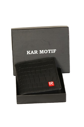 GENUINE LEATHER WALLET , PURE LEATHER WALLET,CARD HOLDER , RFID WALLET,SMALL WALLET, ARTICLE NUMBER KM 006 , BRAND KAR MOTIF, COLOUR BLACK, CROCODILE IMPRESSION