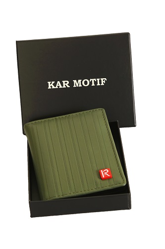 GENUINE LEATHER WALLET, CARD HOLDER, RFID WALLET, SMALL WALLET, BRAND - KAR MOTIF , ARTICLE NUMBER KM 006, COLOUR - GREEN STRIPE